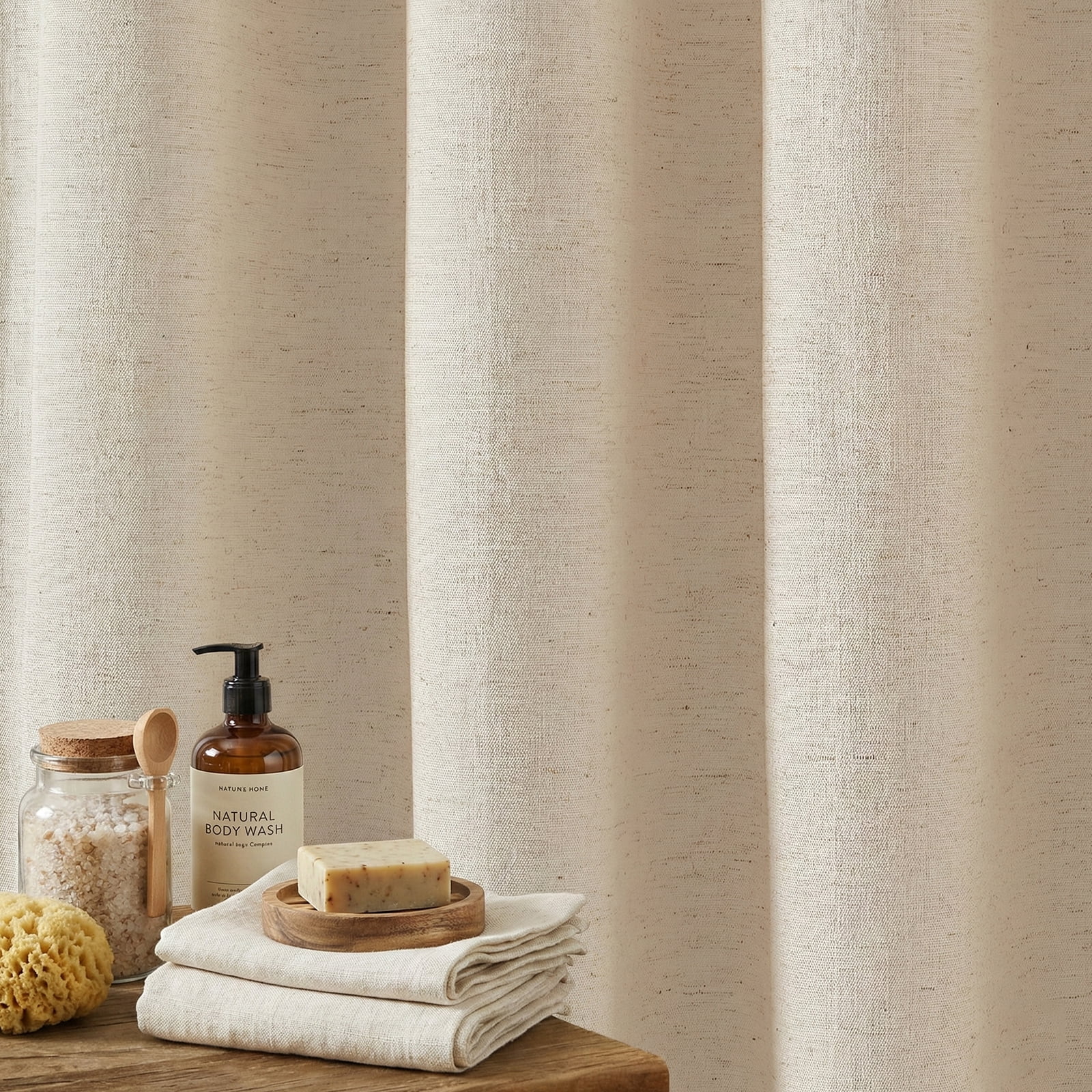 NixiYa Linen Shower Curtain Farmhouse Heavy Duty Fabric Shower Curtain for Bathroom,Beige,72"x72"