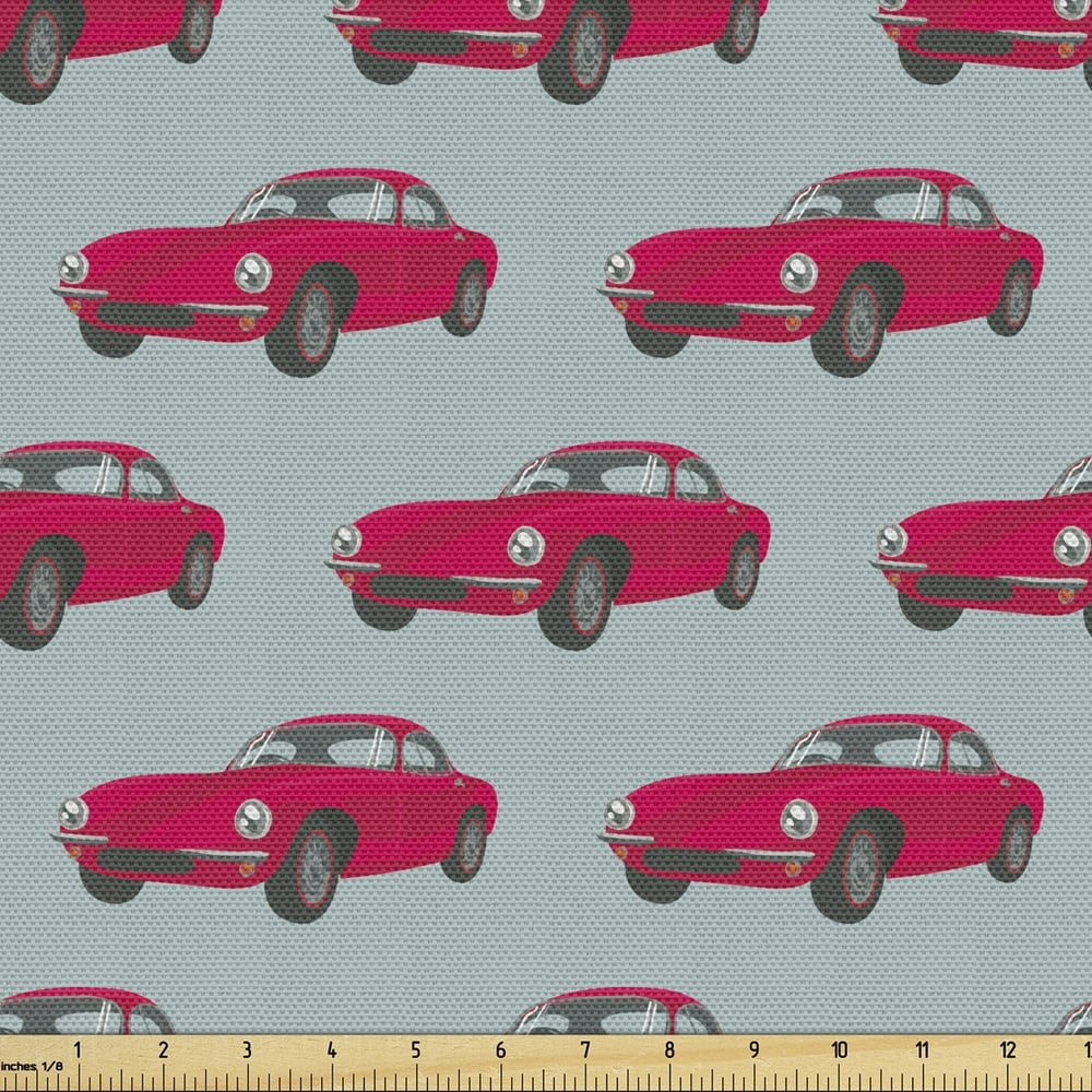 Cars Fabric by the Yard Vintage Red Vehicles Retro Sports Cars from