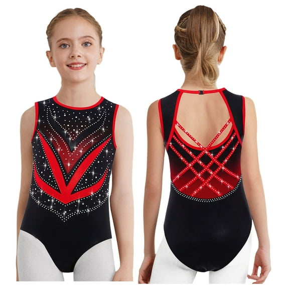 Sholeno Kids Girls Sparkly Gymnastics Leotard Sleeveless Crisscross Back Ballet Dance Bodysuit Shiny Activewear Red 12