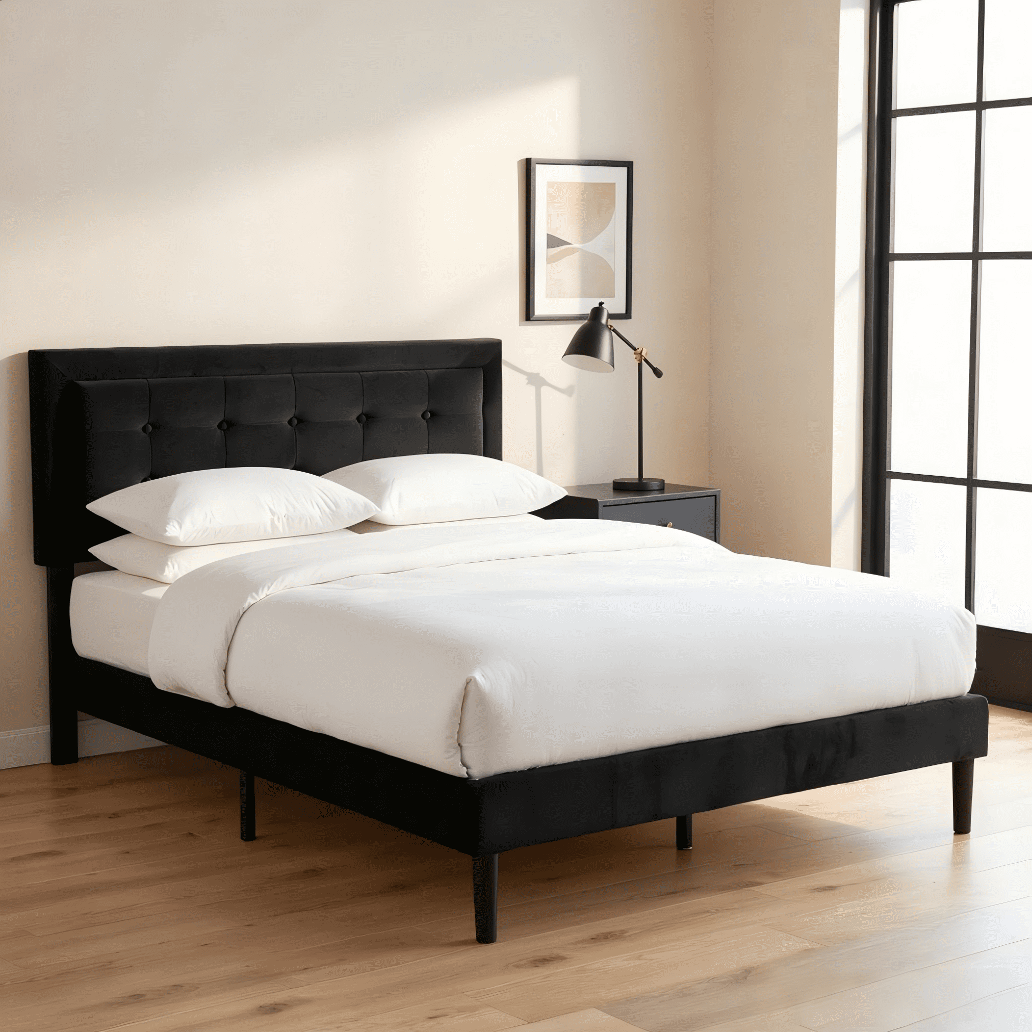 BSHTI Full Size Upholstered Platform Bed Frame with Square Tufted Headboard, Solid Wood Frame, 10 Wood Slats, No Box Spring Needed（Black ）