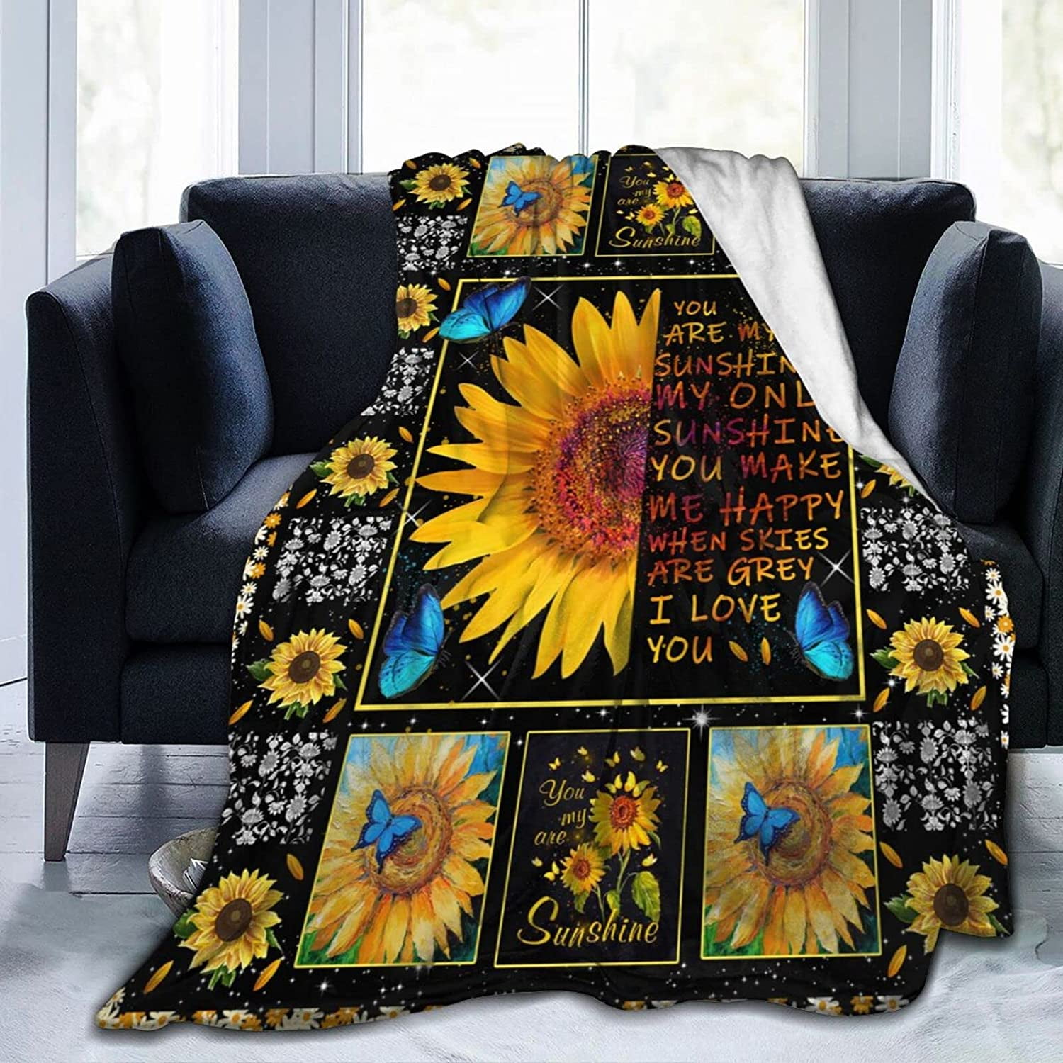SPXUBZ Sunflower Print Blanket Butterfly Throw Blanket Ultra-Soft Flannel  Blanket for Couch Sofa Bed for Teens Adults 50 x 60 