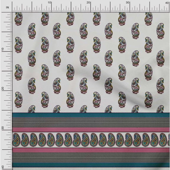 Soimoi Crepe Silk Fabric Stripe,Paisley & Peacock Panel Print Sewing Fabric Yard 42 Inch Wide