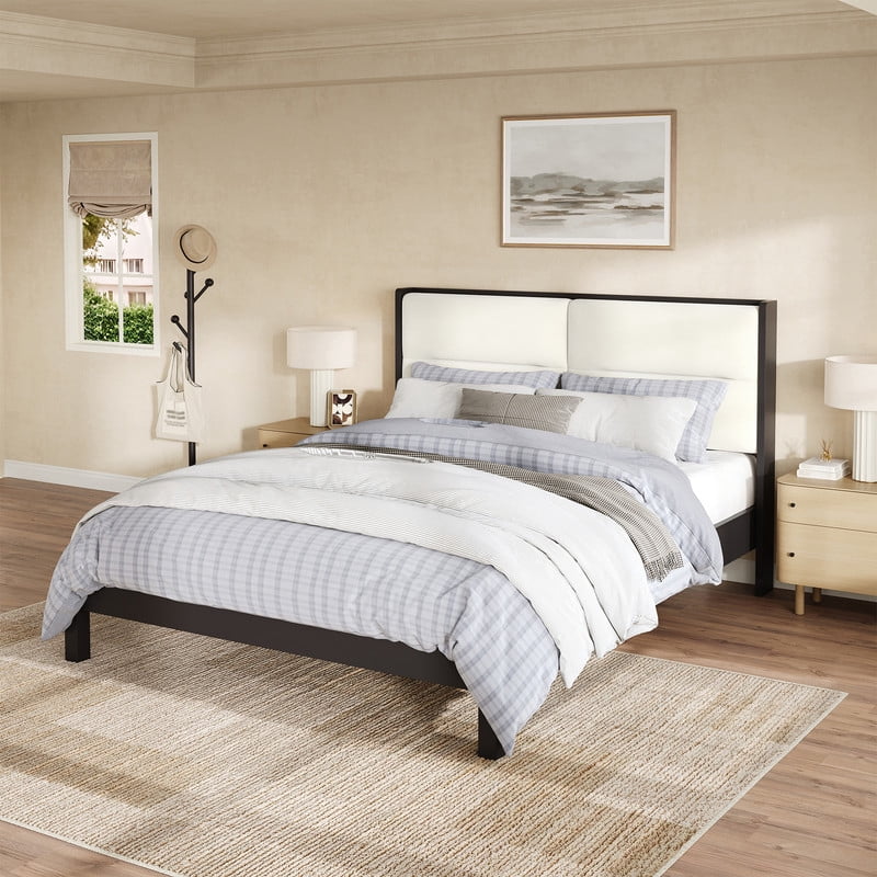 Wooden Queen Size Platform Bed with Velvet Upholstered Headboard, Low-Profile Bed Frame with Slat Support No Box Spring Needed