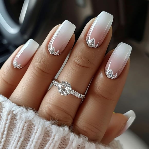 White Ombre Press on Nails Medium - Square Shape French Fake Nails with Glitter Designs, Glossy Finished Reusable Stick on Nails with Glue Tabs - 24Pcs False Nail Kit for Women Manicure