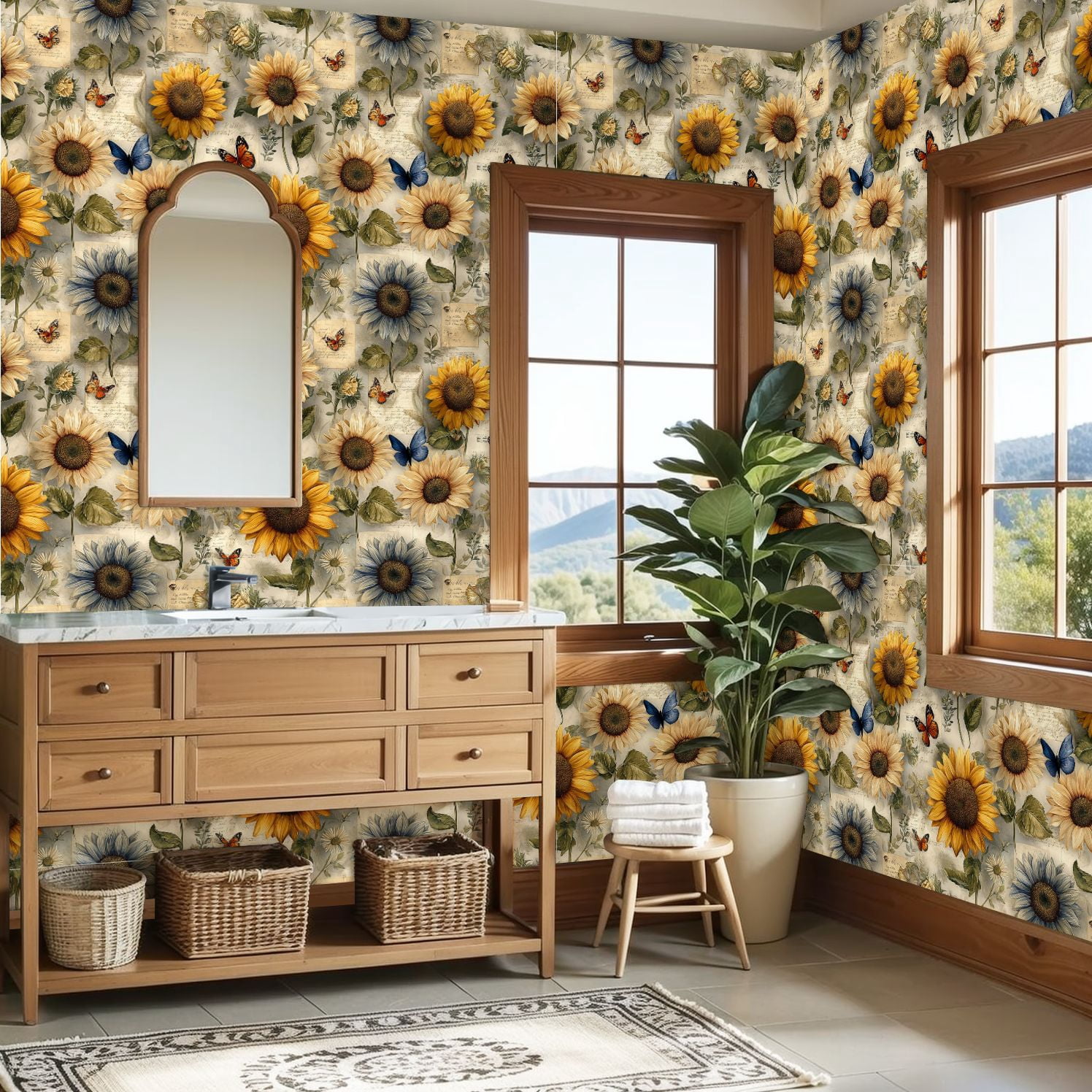 Peel and Stick Wallpaper Vintage Sunflowers Butterflies Botanical Notes Wall Mural 23.6in x 9.8ft Self Adhesive Removable Wall Paper Renter Friendly Wallpaper for Nursery Bedroom Cabinets