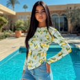 thumbnail image 4 of Xoenoiee Lemon Flower Print Womens Long Sleeve Shirts Fall Outfits 2026 Asymmetrical Blouse Tops Lightweight T Shirts Ruched Going Out Tunic Tees, M, 4 of 7