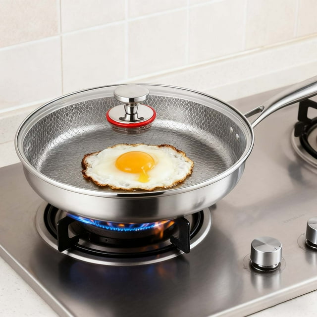 Titanium Non Stick Frying Pan, Advanced Scratch Resistant Cookware Without Coating, Ultra-Durable Pure Nonstick Skillet with Lid,Compatible for Gas Ceramic & Electric Cooktops
