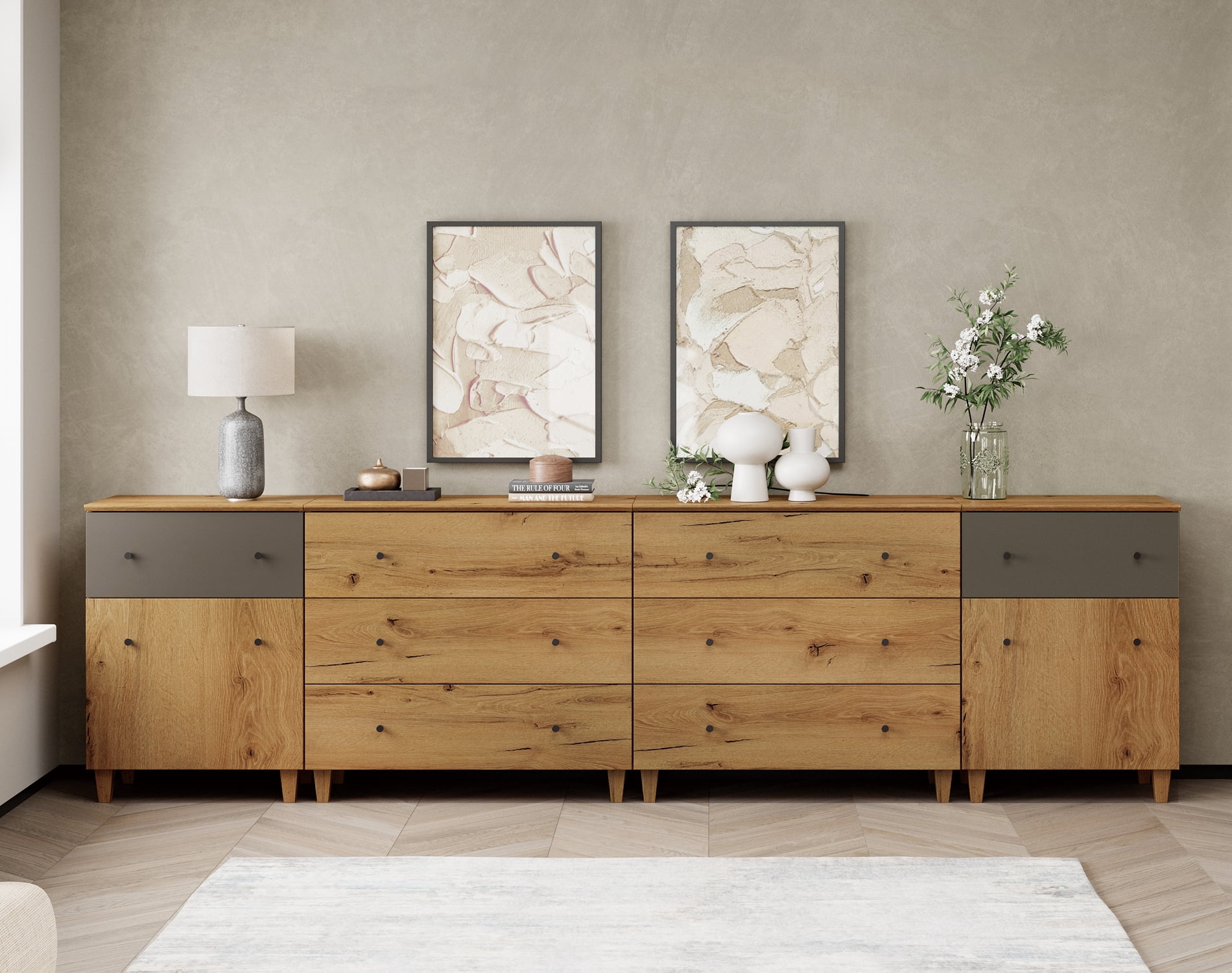 WAMPAT Wood Dresser with 8 Drawers and 2 Cabinets for Bedroom, Modern Chest of Drawer, 118" Wide, Oak Brown Wood Finish