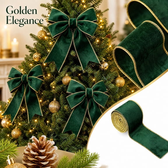 Wired Christmas Ribbon with Gold Edged Velvet Trim, Dark Green, for Tree Decorating and Gift Wrapping, Holiday Decoration