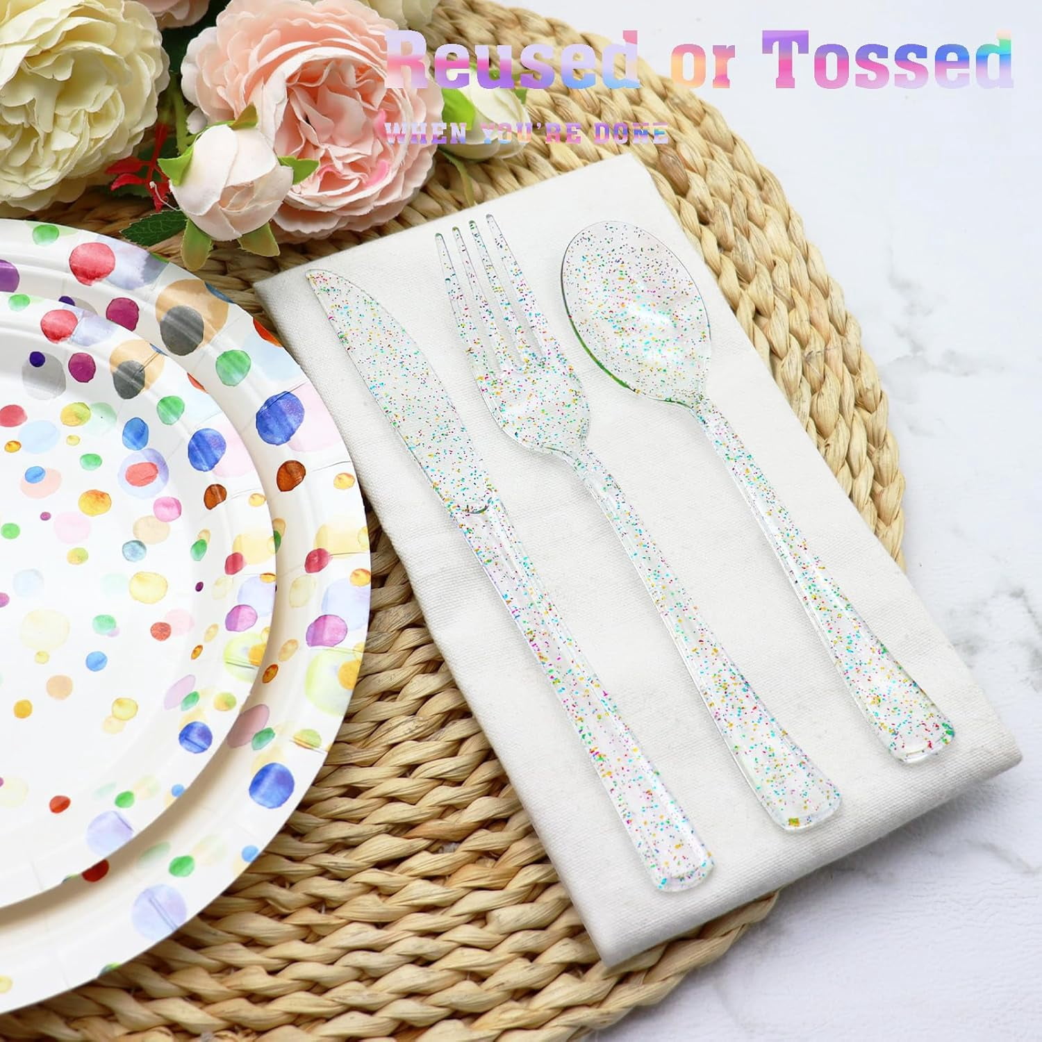 150 Pack Clear Plastic Silverware - Disposable Cutlery with Colorful Design, Includes 50 Forks, 50 Knives, 50 Spoons for Birthday, Wedding, Baby Shower