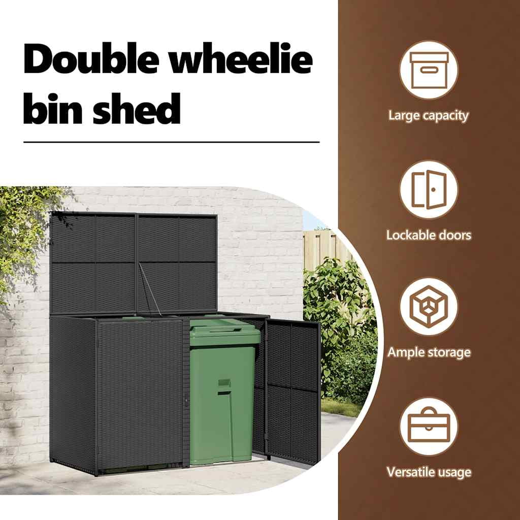 vidaXL Double Wheelie Bin Shed with Lid and Lockable Doors, Poly Rattan 31.5"x58.3"x43.7"