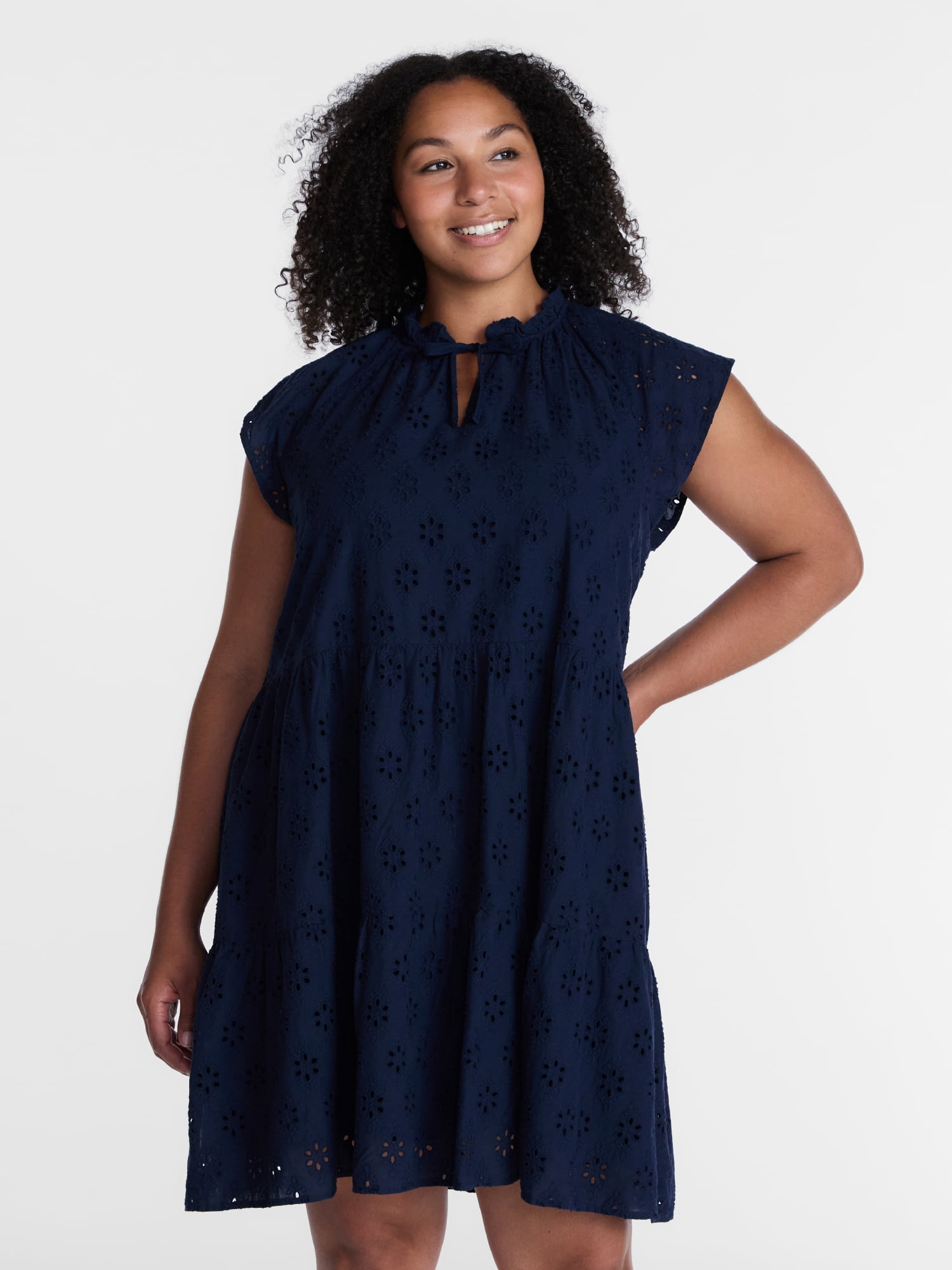 Time and Tru Women's Eyelet Embroidery Cotton Mini Dress with Flutter Sleeves, Sizes XS-XXXL