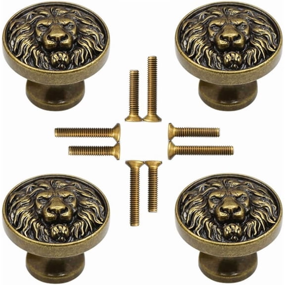 4pcs Knobs Flat Lion Head Knobs for Cabinets and Drawers 1.14in Cabinet Hardware Single Hole Solid Knob for Kitchen, Living Room, Bedroom (Bronze)
