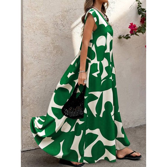 Army Green Leaf Print Sleeveless V-Neck Maxi Dress With Relaxed Fit