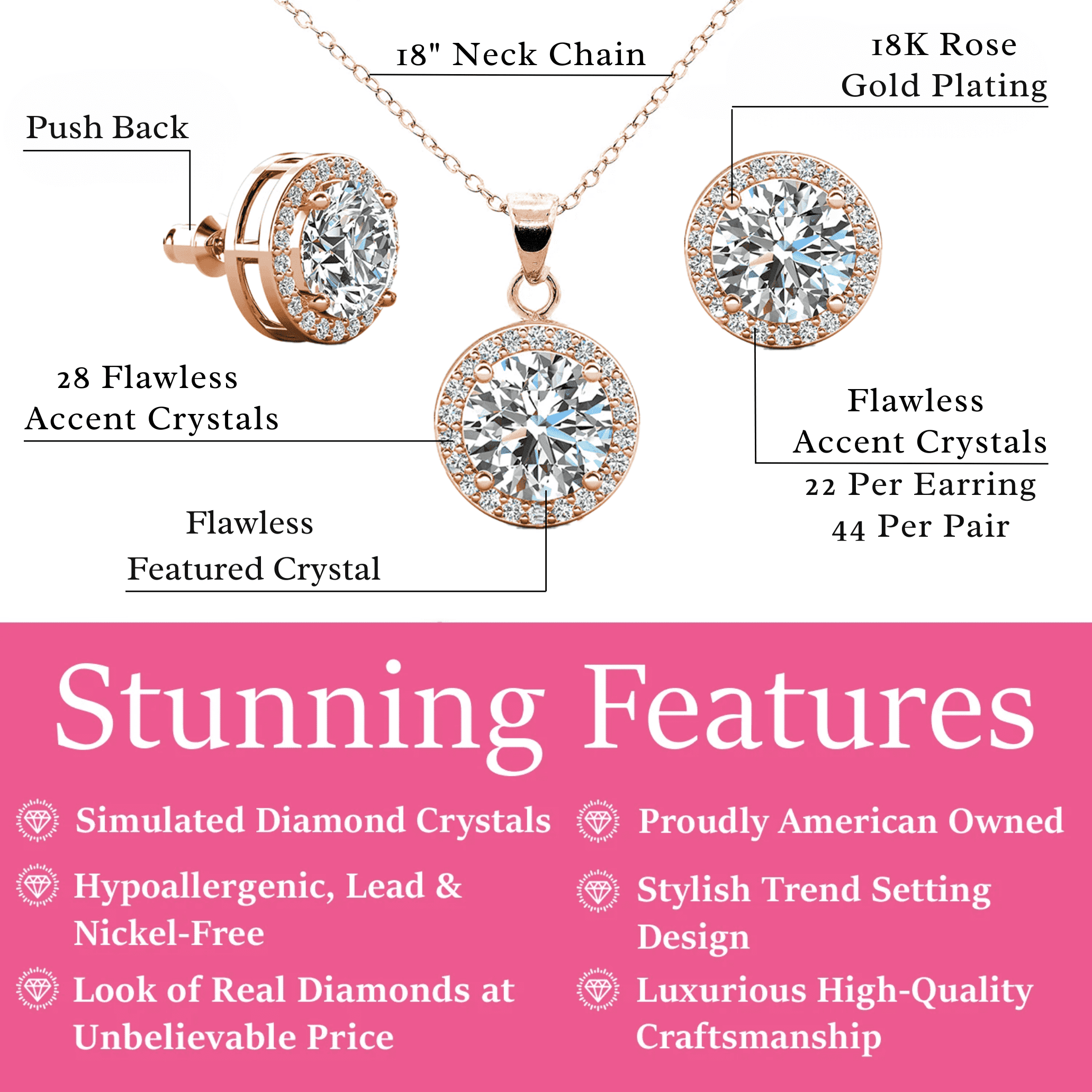 Cate & Chloe Ariel 18k Rose Gold Plated Halo Jewelry Set with Simulated Diamonds Gift for Women