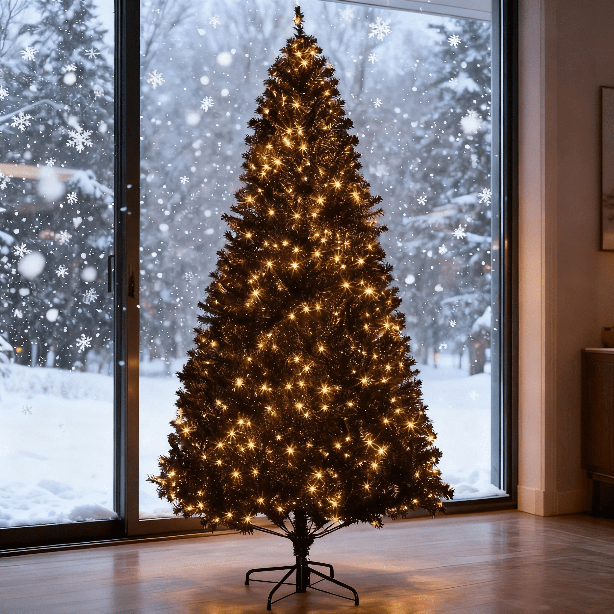 7.5ft Prelit Black Christmas Tree 1346 Tips 500 Warm White LED Lights Metal Stand Indoor Decor
