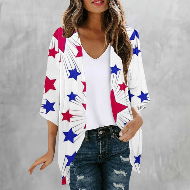 Cárdigan de mujer Cárdigan con estampado del Día de la Independencia Primavera y verano Abrigo estampado de manga larga para mujer