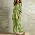 thumbnail image 4 of Women Summer Sets Ndbuld Women’s Fashion Pinstripe V- Neck Short Sleeve Elastic Waist Pocket Long Pants Sets Green L, 4 of 5