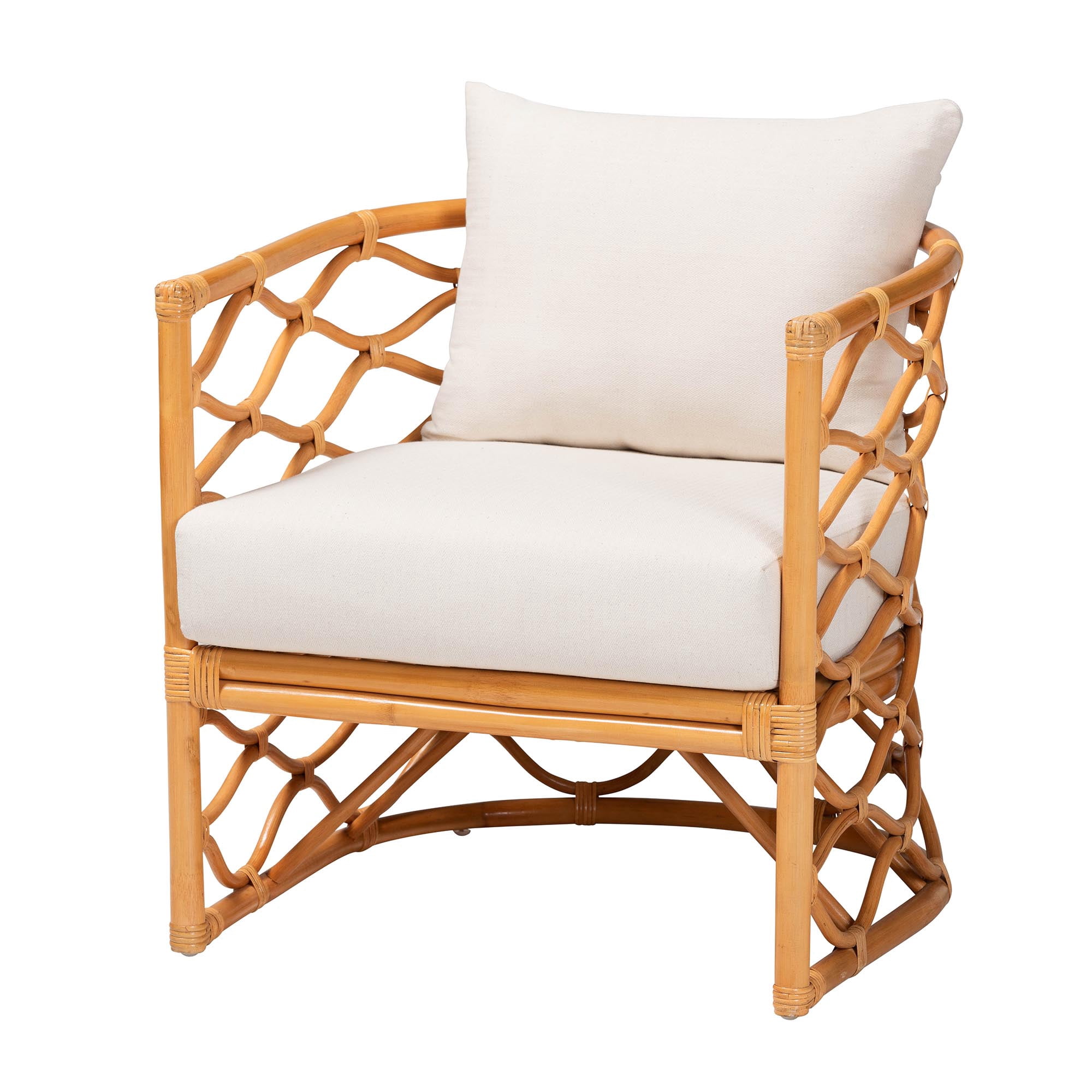 bali & pari Acelynn Boho Arm Chair with Natural Rattan Frame and Fabric Cushions - Light Honey