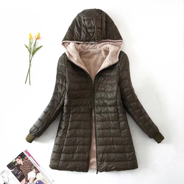 Chaqueta de algodón de corte ajustado con capucha de longitud media a larga con forro polar para mayor calidez, parte superior de forro polar de cordero para prendas de abrigo de mujer
