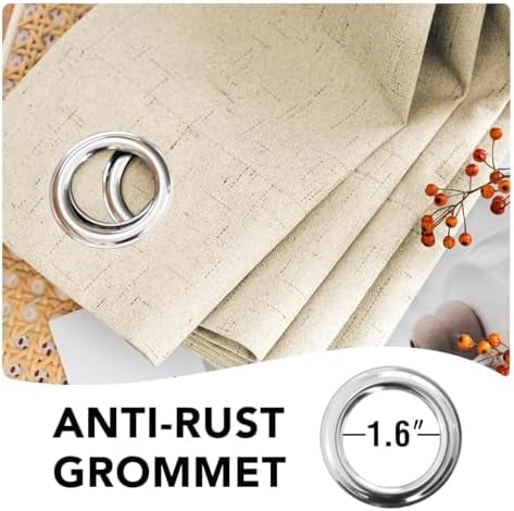 Linen Curtains 100% Blackout Curtains for Bedroom 90 inch Long Full Light Blocking Nature Linen Blended Window Curtains for Living Room Nickel Grommet (2 Panels, Bleached Sand)
