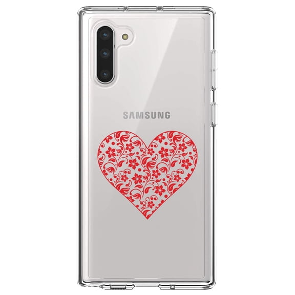 DistinctInk Clear Shockproof Hybrid Case for Samsung Galaxy Note 10 (6.3" Screen) - TPU Bumper Acrylic Back Tempered Glass Screen Protector - Clear Red Floral Heart
