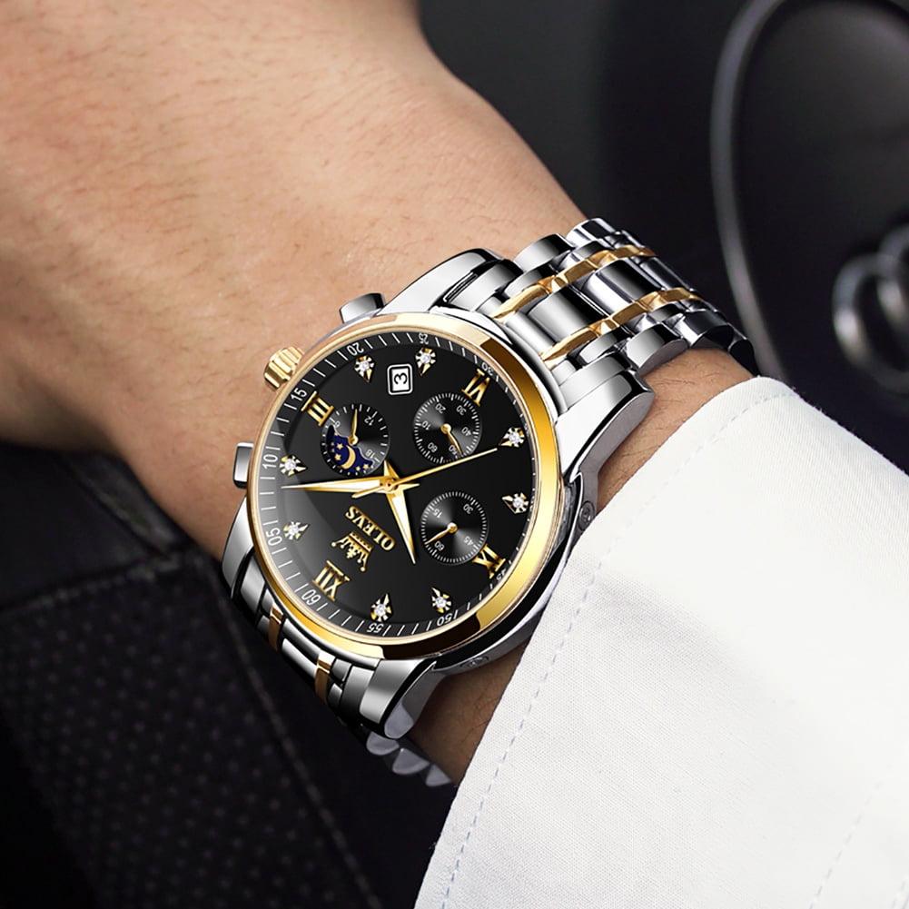 OLEVS Watches for Men, Mens Watches Gifts for Men Chronograph Analog Quartz Luxury Casual Classic Diamond Waterproof Luminous Stainless Steel Reloj para Hombre Black Dial