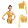 thumbnail image 3 of Aislor Kids Girls One Shoulder Long Sleeve Sequins Crop Top Athletic Shirts Jazz Hip-hop Dance Costume Size 6-16 Gold 8, 3 of 7