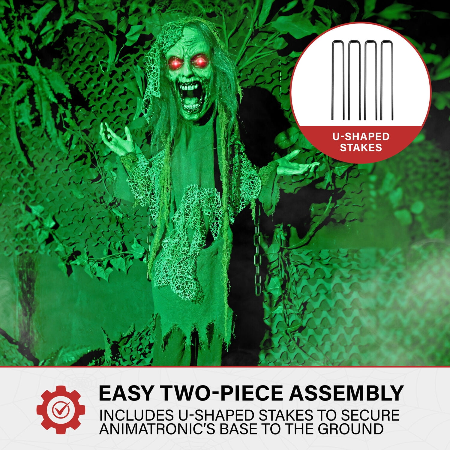 Haunted Hill Farm 5.5 ft Lifesize Animatronic Zombie with Chains with Lights and Sound, Indoor/Covered Outdoor Halloween Decoration, HHZOMB-9FLSA