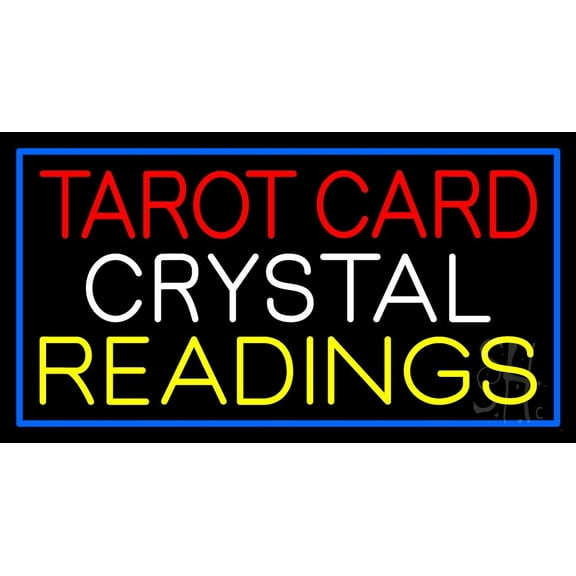 Tarot Card Crystal Readings With Blue Border LED Neon Sign 13" Tall x 24" Wide - inches Black Square Cut Acrylic Backing, with Dimmer - Bright and Premium built indoor LED Neon Sign for Storefront.