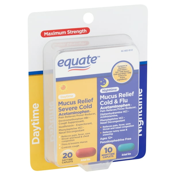 Equate Maximum Strength Daytime and Nighttime Mucus Relief Caplets, 30