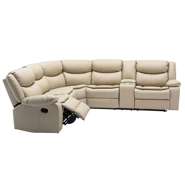 Sectional Sofa Pu Leather Manual Reclining Couch With Padded Back Lounge Set For Living Room Cream Com Sectional Sofa Pu Leather Manual, Cream Leather Reclining Sofa Set