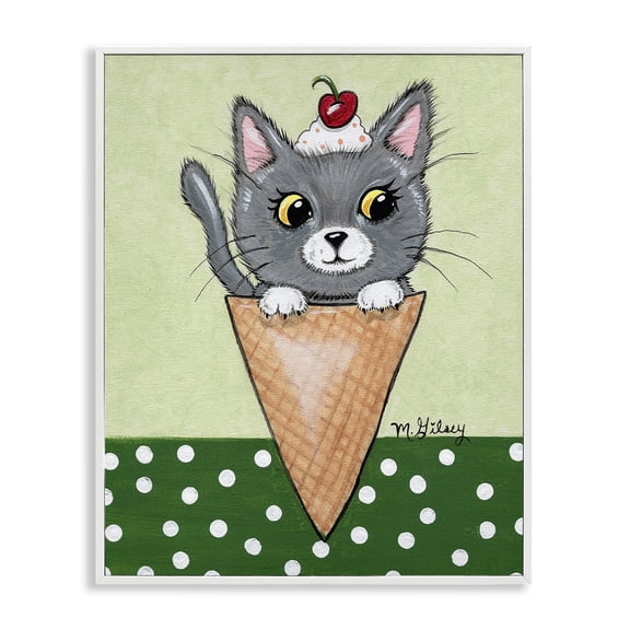 Stupell Industries Eclectic Cat in Ice Cream Cone White Framed Giclee Art, 11 x 14, by Michelle Gilsey