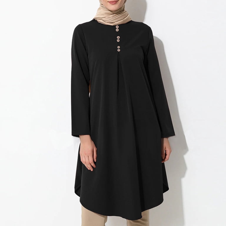 hijab dresses casual Spring Sale 2024Hontri Muslim Dresses for Women Women Muslim Solid Color Button Stitching Fashion Casual Dress Long Sleeve Prayer Clothes Maxi Dresses