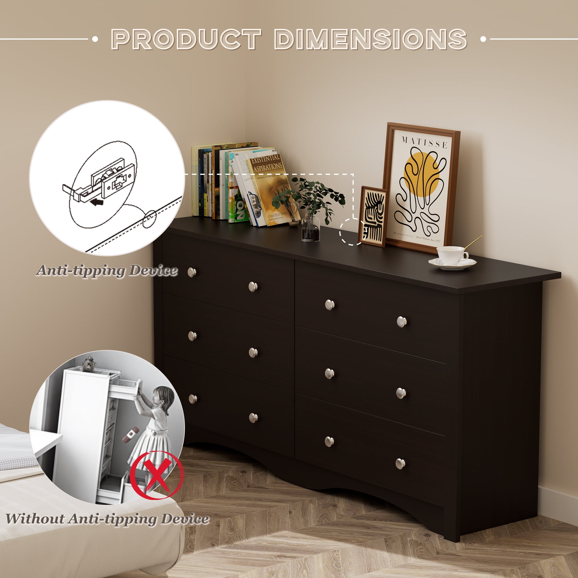 Vineego 58'' 6 Drawers Dresser, Rustic Modern Chest of 6 Drawers Extra Wide Double Dresser for Master Bedroom or Nursery Storage,Brown