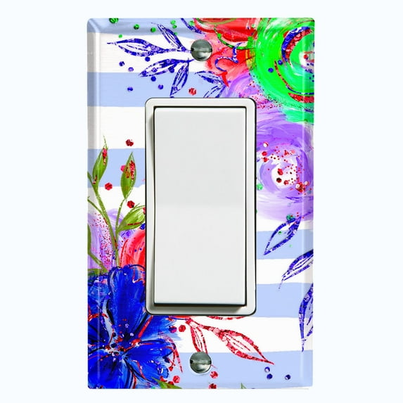 Metal Light Switch Plate Cover Floral Pastel Teal Striped Pattern FLW009