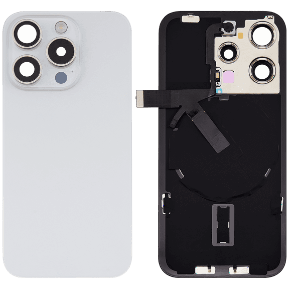 Replacement Back Glass W/Steel Plate W/Wireless NFC Charging Magnet & Flashlight Flex For iPhone 15 Pro (White Titanium)