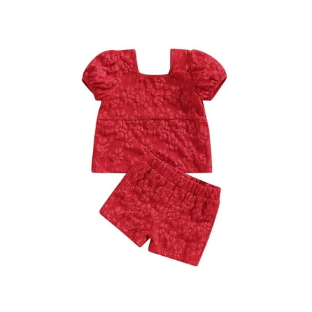 

Peyakidsaa Kids Toddler Baby Girl Summer Clothes Set Solid Flower Jacquard Short Sleeve T-Shirt + Shorts Sets