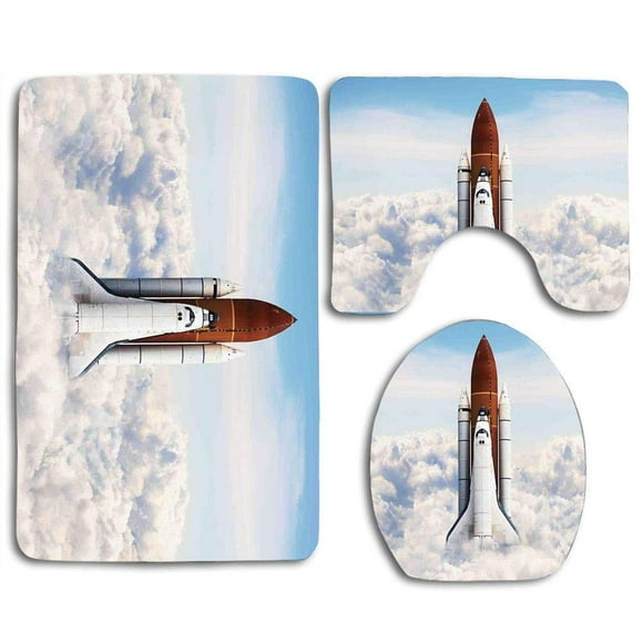 EREHome Rocket Taking Off on Mission Spaceman Planet Gazing Endeavour Power Fire 3 Piece Bathroom Rugs Set Bath Rug Contour Mat and Toilet Lid Cover