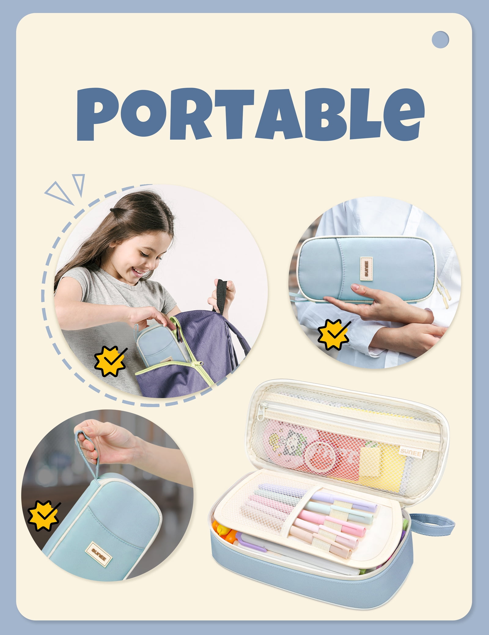 SUNEE Stylish Durable Versatile Zipper Pencil Case, Large Stationery Organizer Bag for Teens and Adults, Blue