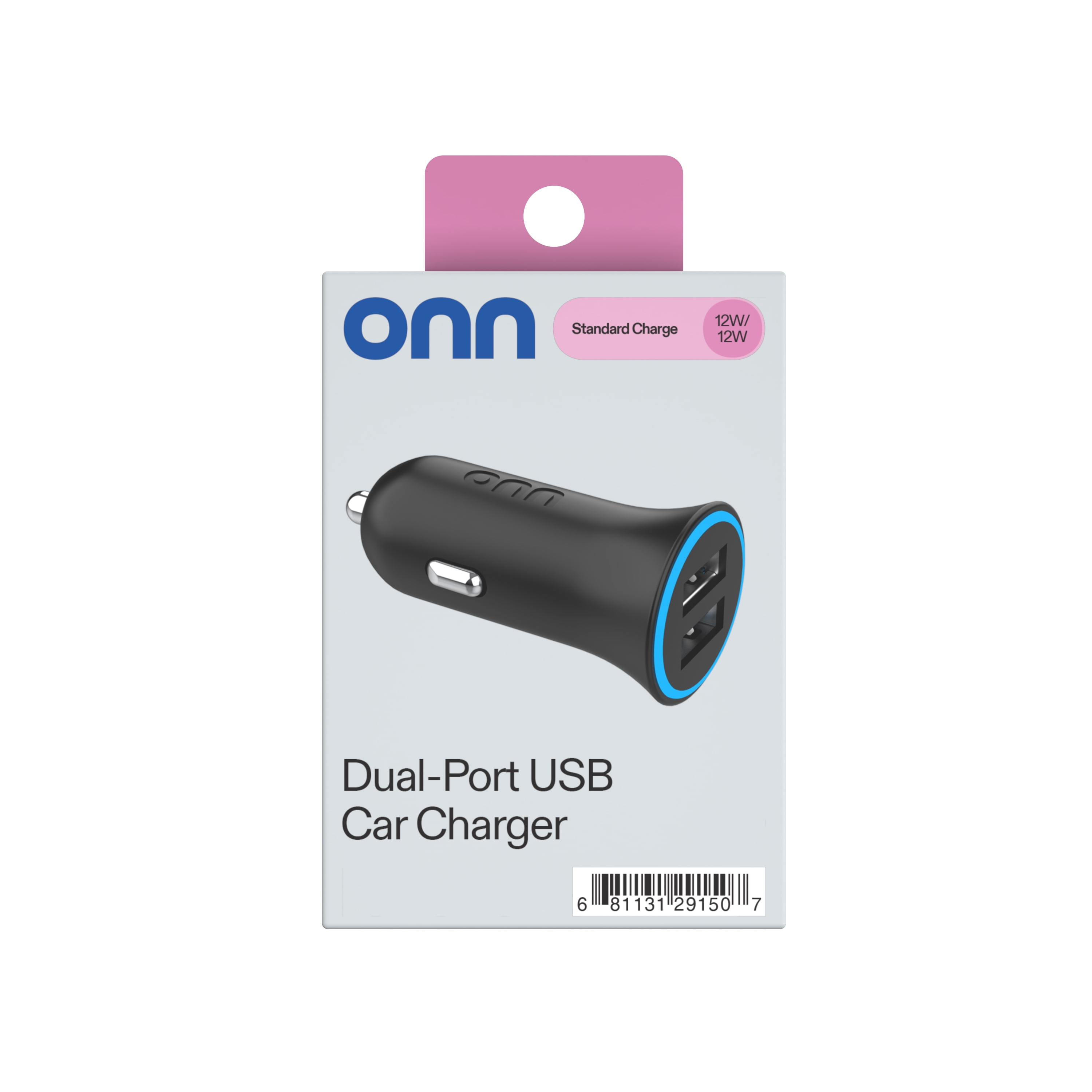 (2 pack) onn 24W Dual USB-A Port Car Charger with Compact Design for Cigarette Lighter Adapter