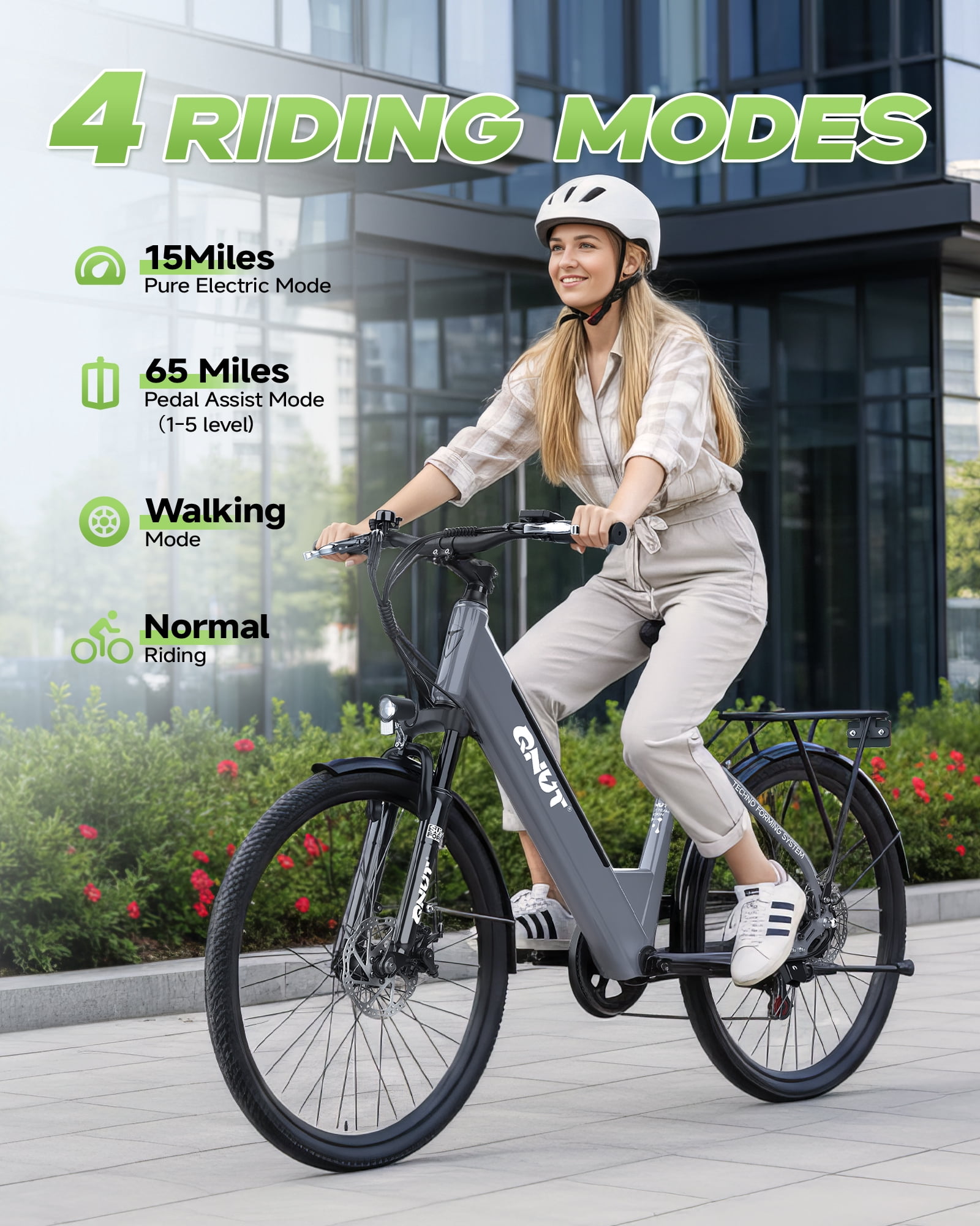 QNUT Electric Bike , 26" 1200W Peak with 48V Battery 7 Speed 20MPH 65 Miles Ebike Step Through Commuter E bike for Adults