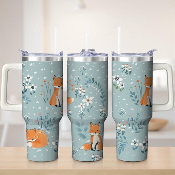 Fox and Floral Stainless Steel Insulated Mug with Lid and Handle, 30oz