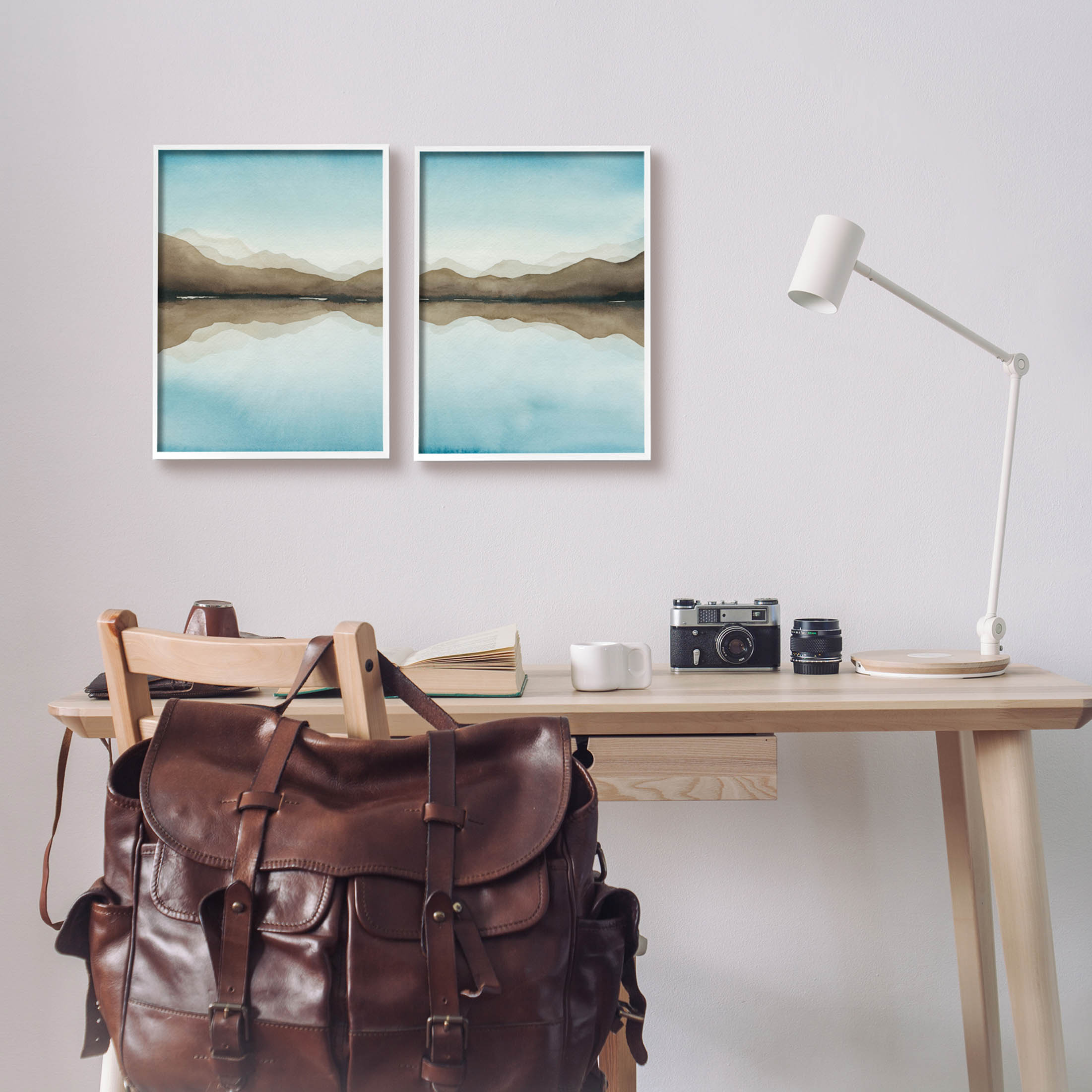 Stupell Industries Mountain Range Water Reflection Graphic Art White Framed Art Print Wall Art, Set of 2, Design by Grace Popp