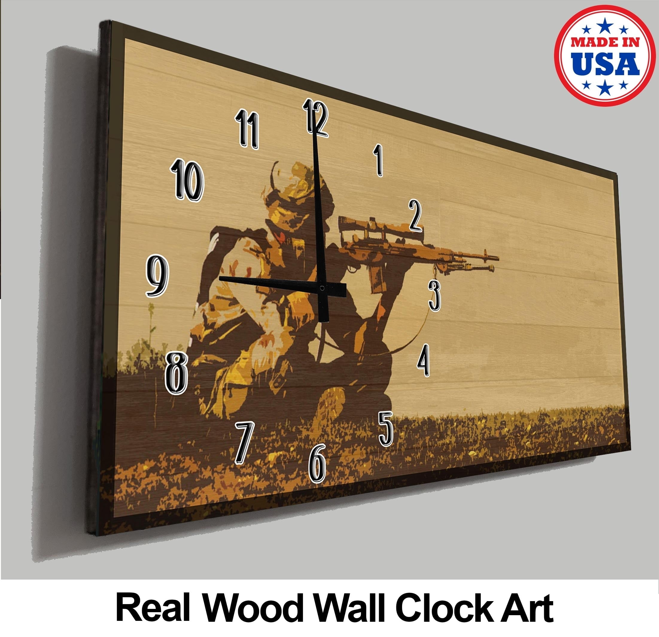 Military Wall Clock Digitized Monotone Soldier Aiming Down Sight Man Cave Wall Clock Wood Wall