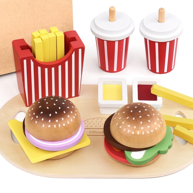 Juego de hamburguesas de Wooden Play Food Toy Pillowhale para niños pequeños