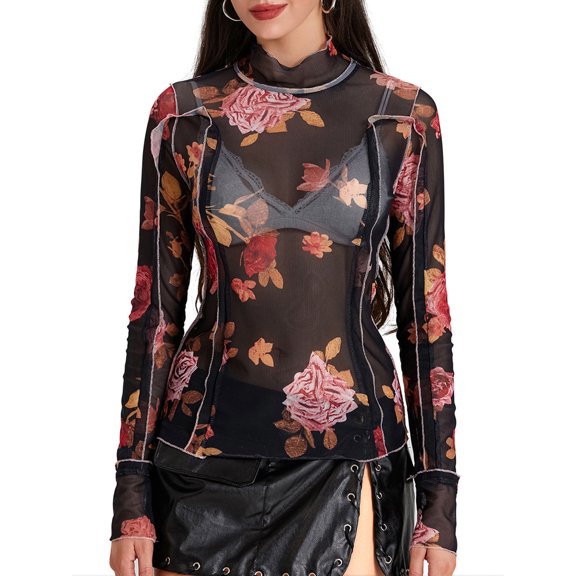 Baby Sweetie Women's Long Sleeves Mesh Sheer High Neck Tops Floral Print Slim Summer T-Shirt