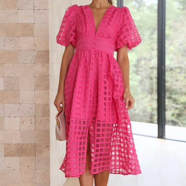 Vestido casual de mujer Vestido de verano de cintura alta Puff Manga corta con cuello en V Vestido de mujer FLhrweasw Nuevo