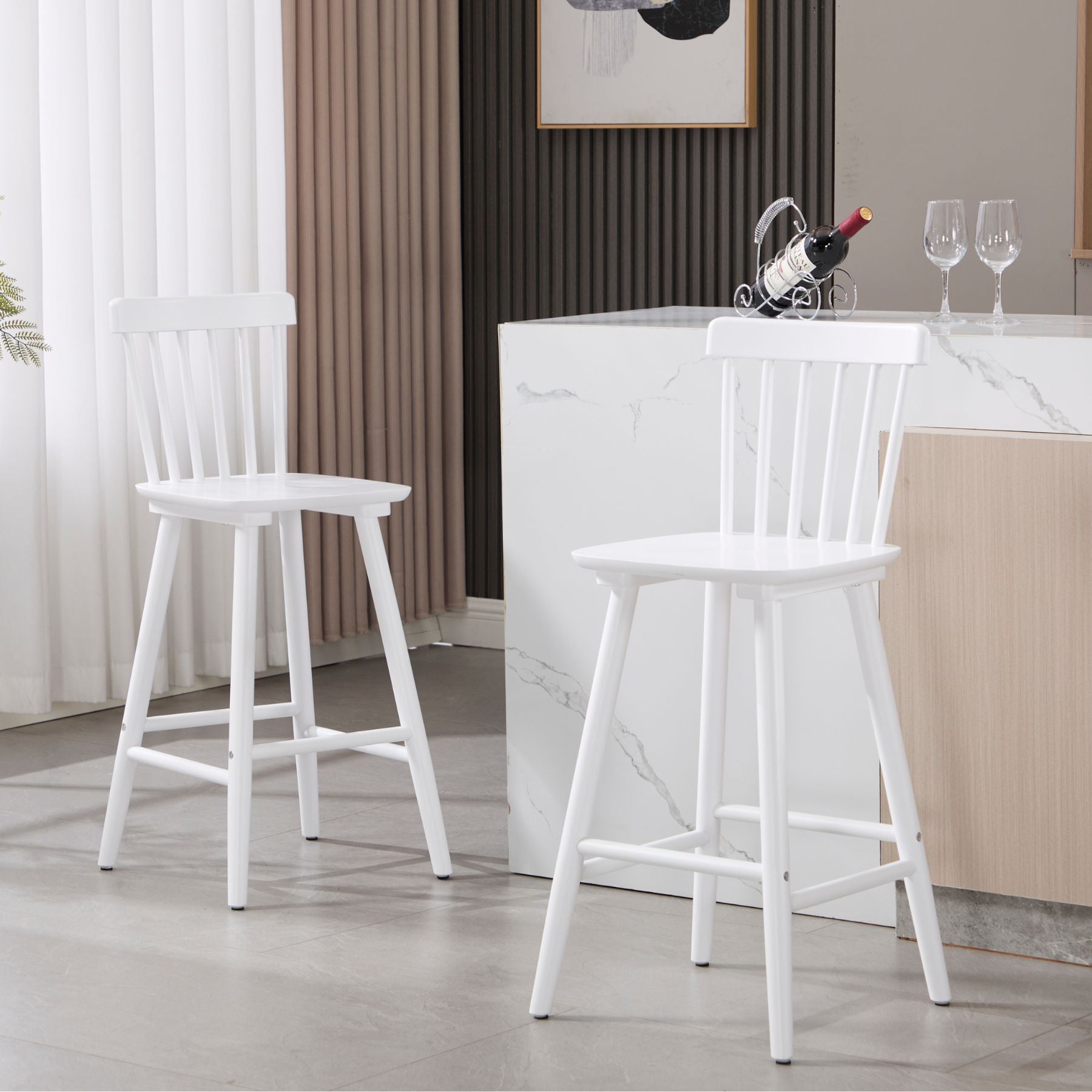 Dayalane Windsor Bar Stools Set of 4, 26" Farmhouse Wooden Counter Height Barstools with Spindle Back & Footrest, Armless Kitchen Island Stools for Bistro, Pub, Breakfast Bar,White