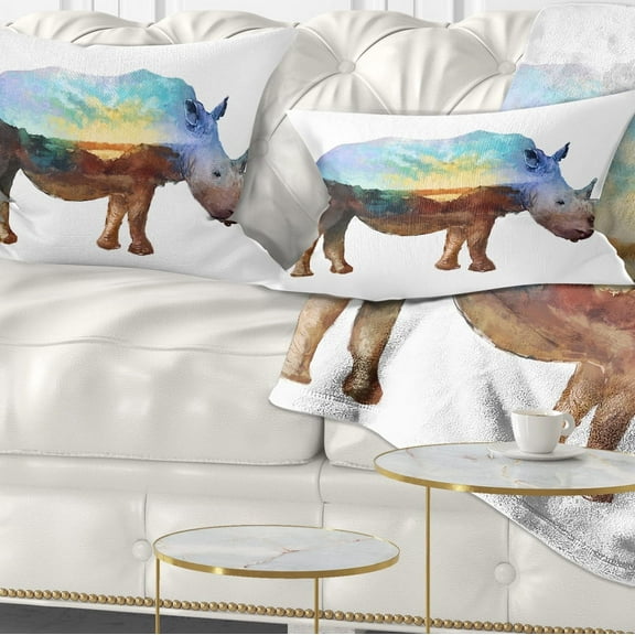 Designart Rhino Double Exposure Illustration - Animal Throw Pillow - 12x20